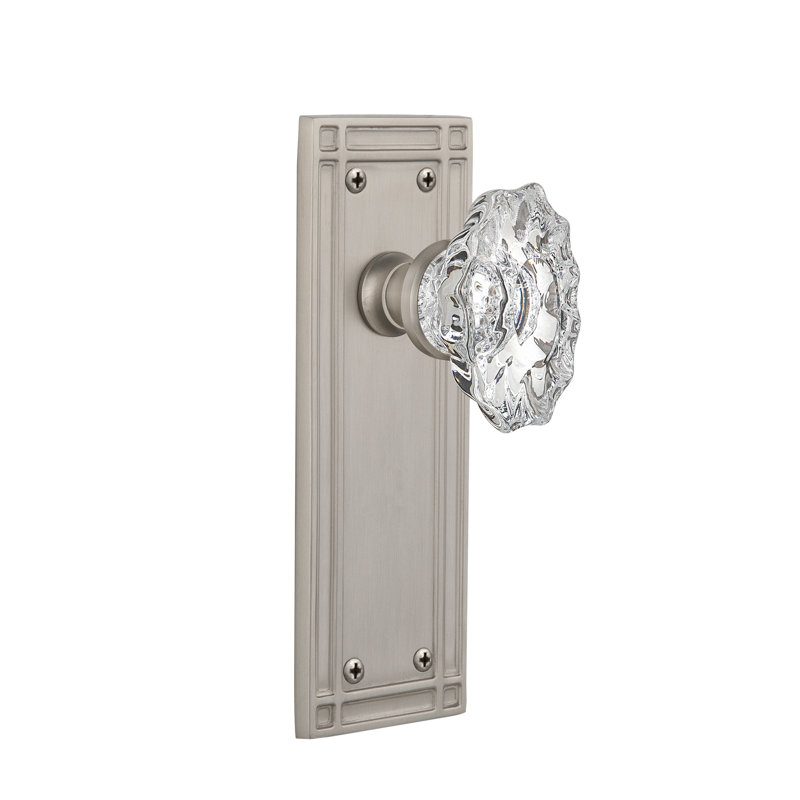 Double poignée de porte factice en cristal avec plaque longue chateau Mission, Nickel satiné