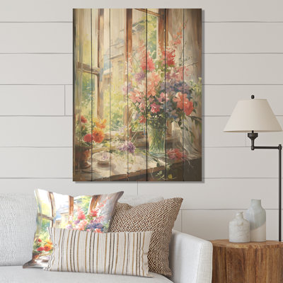 Vue de fenêtre française orange et verte II - fenêtre florale sur bois