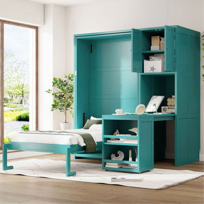 Lit escamotable mural simple avec bibliothèque, armoire supérieure, bureau extensible et rangement latéral
