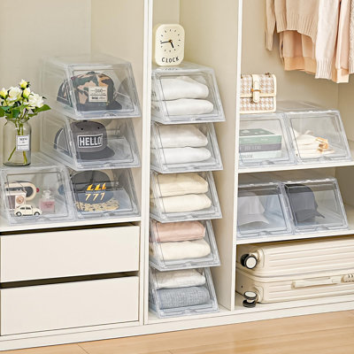 2 Pack Stackable Hat Organizer For Baseball Caps, Large Clear Hat Holder With Sliding Drawer, Hat Storage Box With Door, Baseball Cap Organizer