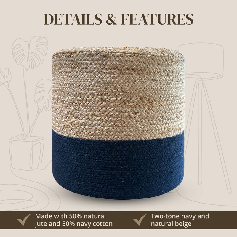 Natural Braided 18" Wide Duo Pouf - Handwoven Jute and Cotton Blend Ottoman – Ideal for Indoor or Covered Outdoor Use - Stylish and Multi-functional as ottoman, footrest, & decor