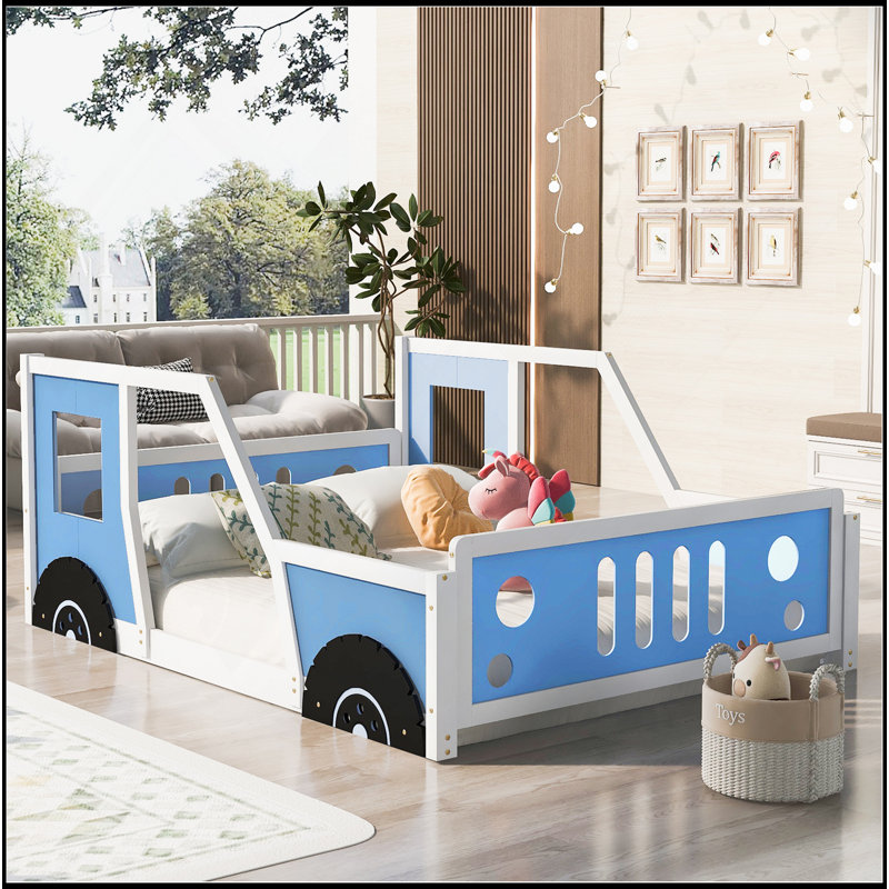 Lit plateforme double classique en forme de voiture, Bleu