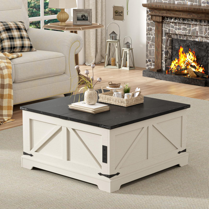 Table basse à plateau relevable avec rangement, Blanc/Noir, H 17,1 po x L 28,8 po x l 28,8 po