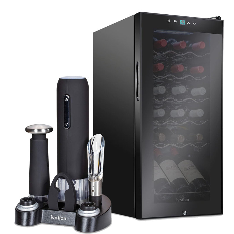 Ivation 13.6'' 18 Bottle Single Zone Freestanding Wine Refrigerator with 5-piece wine gift set