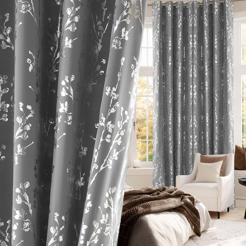 100% Blackout Curtains, Grommet Pattern Gold Foil Printed Window Treatments Room Darkening Drapes for Bedroom, 2 Panels