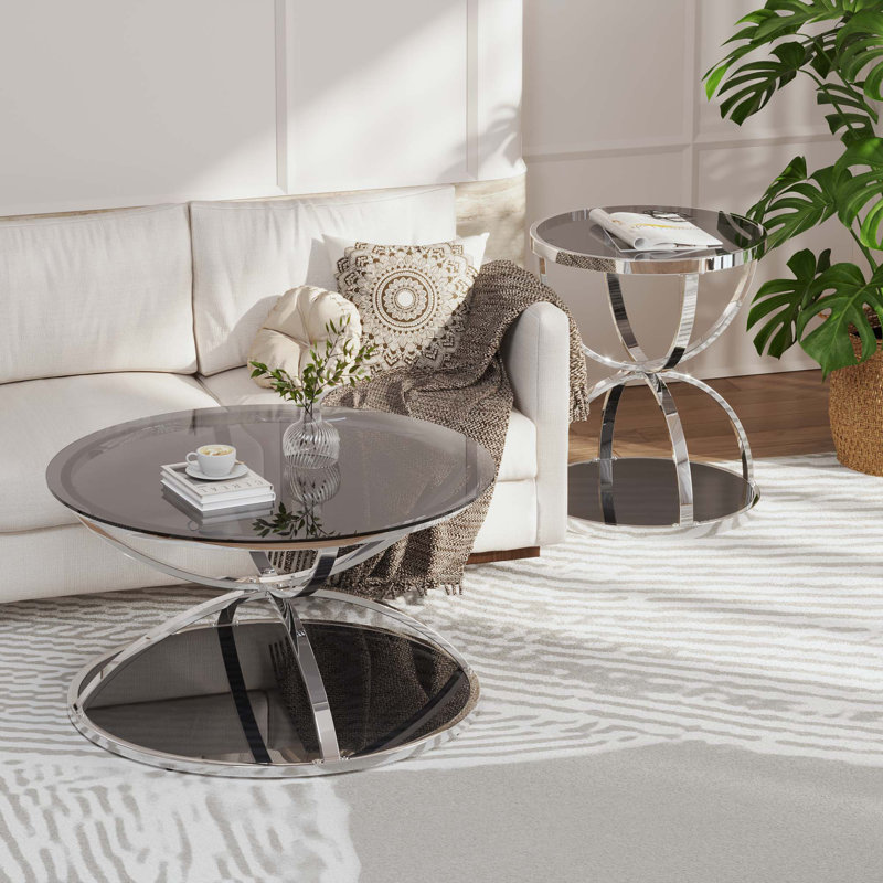 Table basse ronde à 2 niveaux en verre, cadre en anneau argenté, verre gris, ensemble de 2, Argent