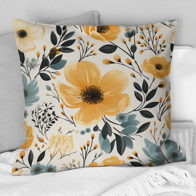 Watercolor Whimsy Yellow Floral Pattern - Floral Printed Throw Pillow