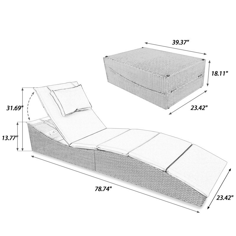 Chaise longue inclinable d'extérieur pliable avec coussins, Noir