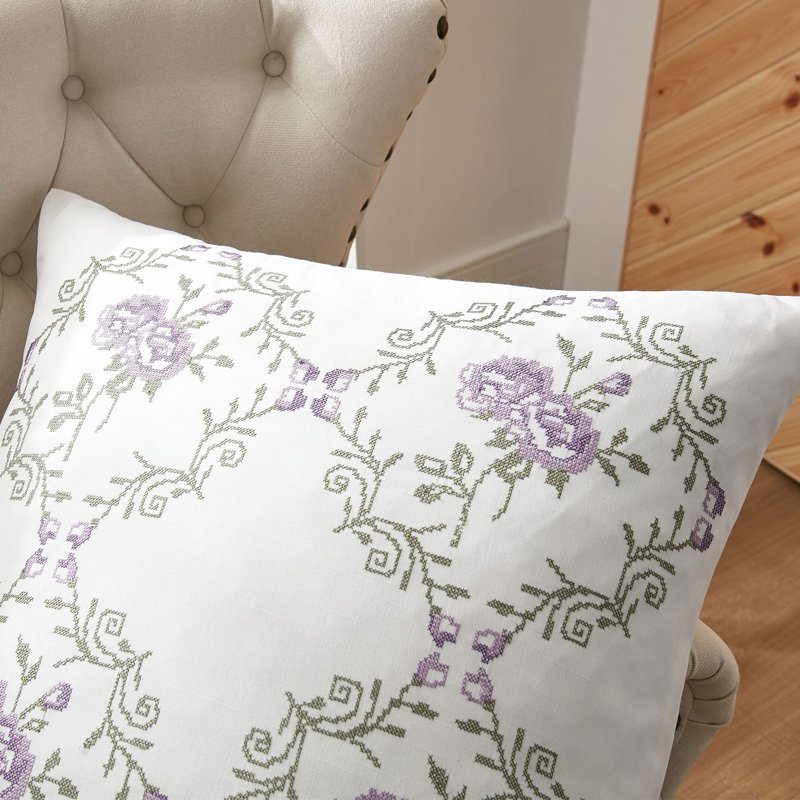 Rose Embroidered Pillow Cover, Lilac