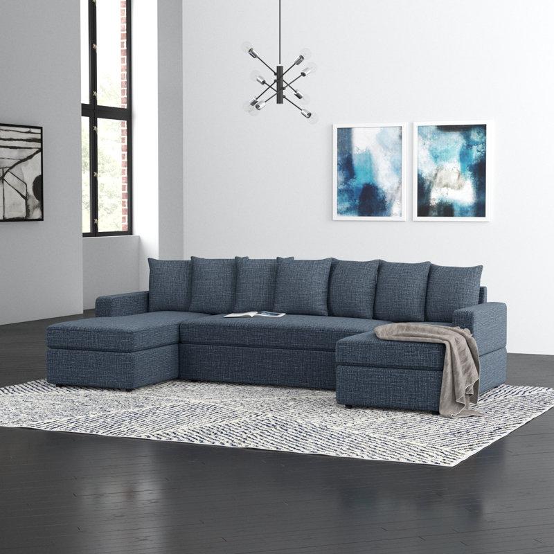 Canapé modulaire 3 pièces Bernat, Mélange de lin bleu foncé