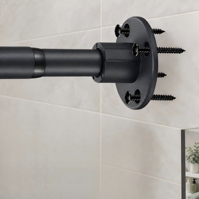 Une tringle de douche et de placard murale noire permanente réglable de 28 à 51 pouces; La conception robuste en acier inoxydable industriel est antirouille et destinée aux salles de bain.