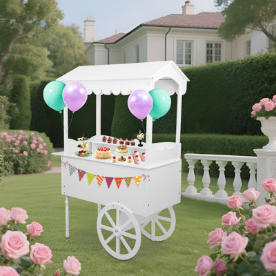 70.08" Tall Freestanding Foldable Wood Decorated Candy Cart Display Stand with Decorative Wheels & Roof, White