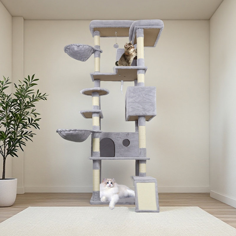 Tour pour arbre à chat 84,6 po gris clair avec base large, 3 grandes maisonnettes