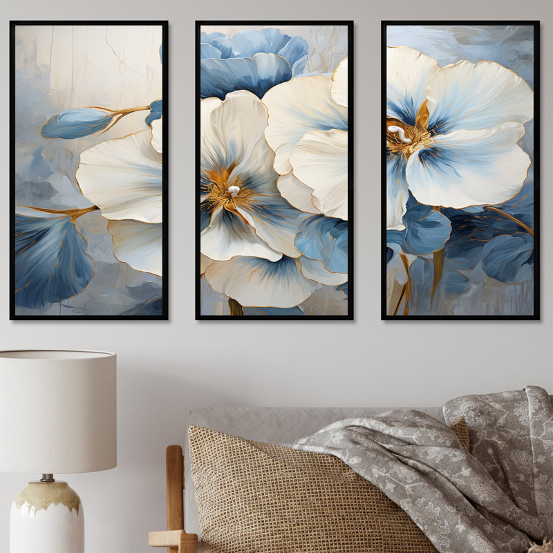 «White and Blue Pansies Garden II - Pensies», ensemble d'art mural, Cadre flottant noir, H 40 po x l 60 po x P 1 po