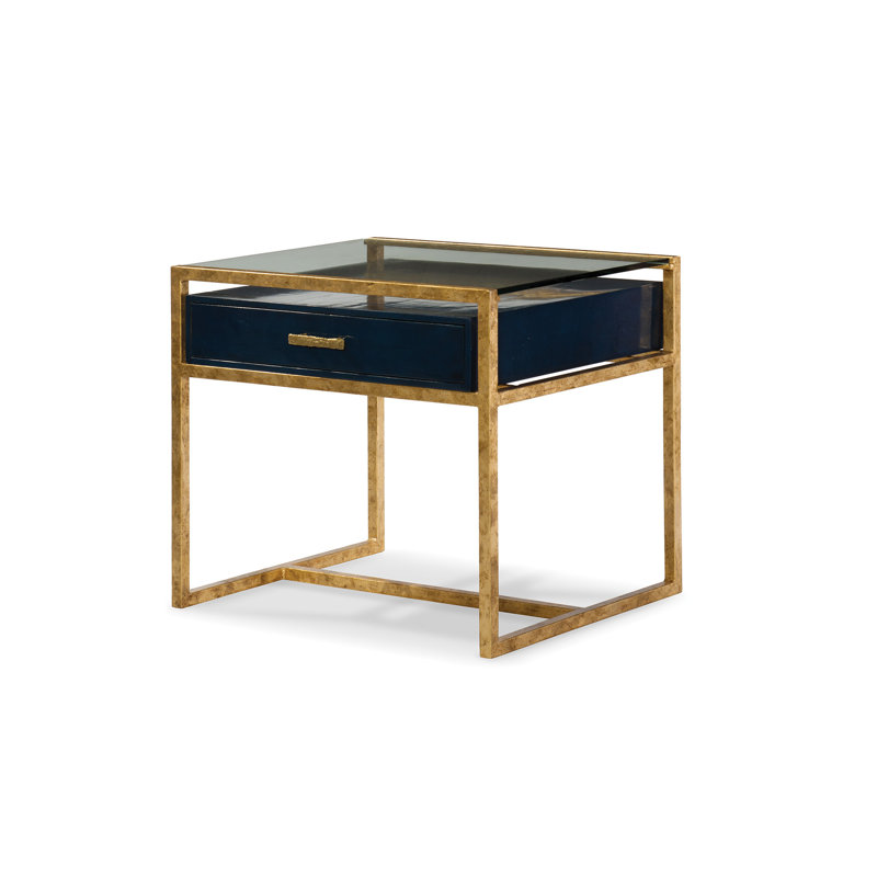 San Juan Antique Gold Leaf Rectangular Glass Top End Table with Storage
