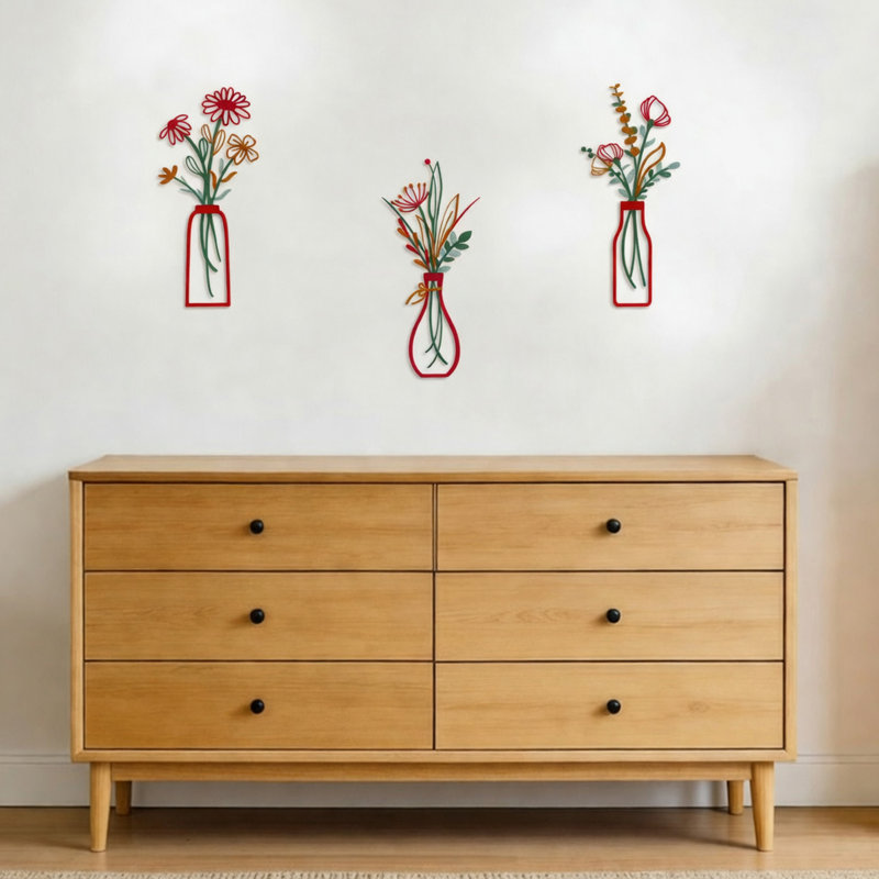  Ensemble de 3 fleurs murales en métal, décoration murale minimaliste bohème, Rouge