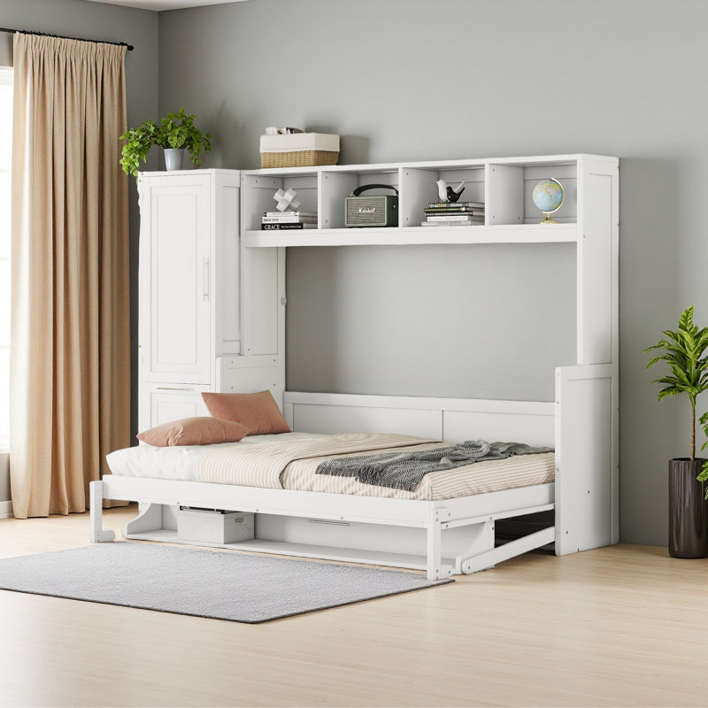 Lit escamotable double avec placard et tiroirs, Blanc