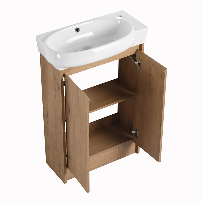 Meuble-lavabo autoportant à fermeture en douceur avec lavabo, Imitation chêne