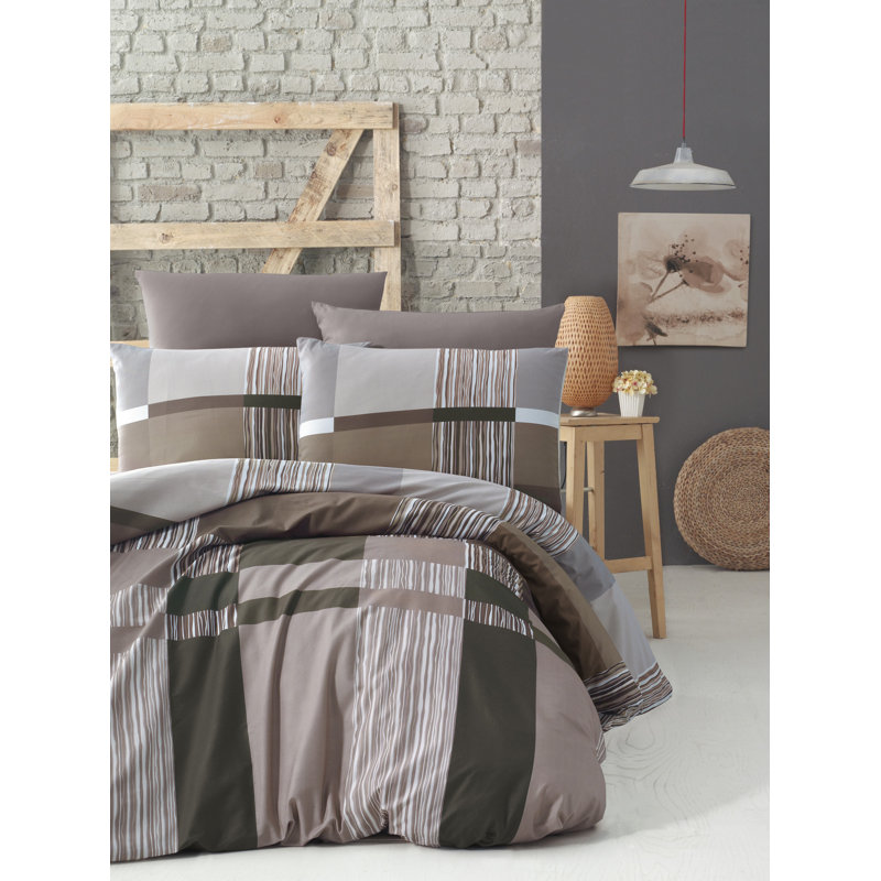 Ensemble de housse de couette double 100% coton Ranforce, brun / vert / blanc / gris | Housse de couette 78,7 po x 78,7 po et 2 taies d'oreiller 31,5 po x 31,5 po | Lavable à la machine à 104 ° F, 145 fils, fermeture à boutons pour une utilisation facile