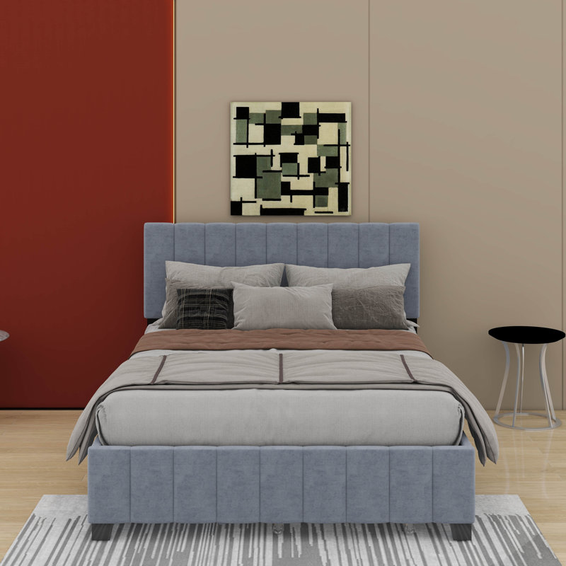Grand lit plateforme tapissier en velours avec tiroirs et lit gigogne, Gris