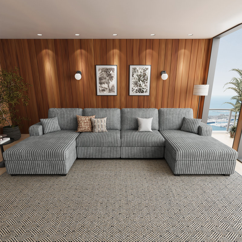 Bianca U-Shape 4 Seats Wide Plush Corduroy Modular Sofa Memory Foam Sectional With Storage For Living Room