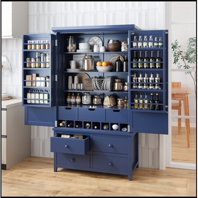 Freestanding Large Kitchen Pantry Wooden Storage Cabinet with 8 Door Shelves, 3 Adjustable Shelves, 7 Drawers, and 8 Wine Racks