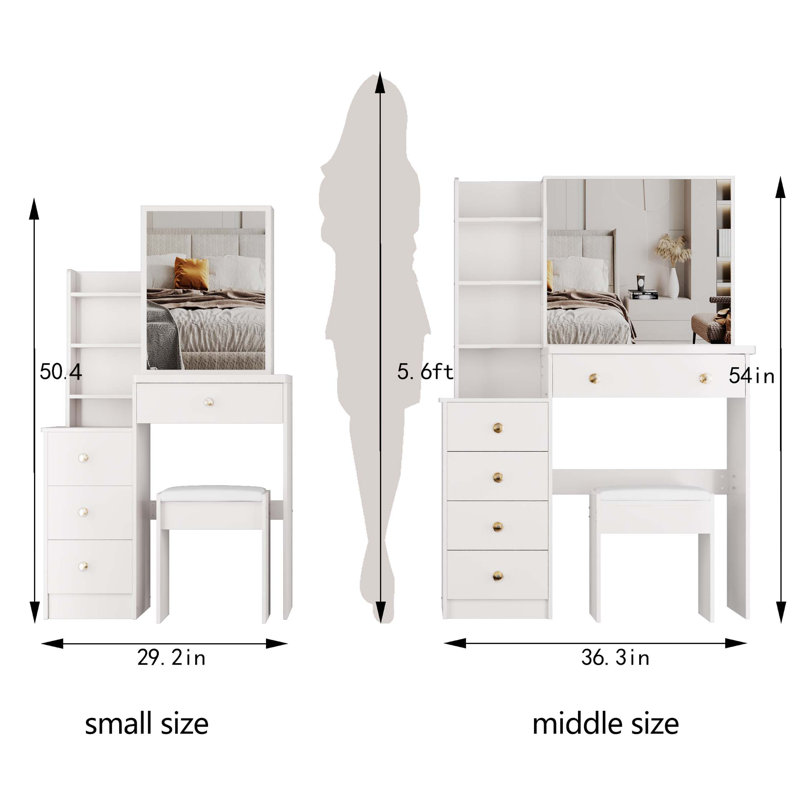 Petite coiffeuse 29,2 po avec tabouret de chevet gauche + tabouret rembourré, très grand miroir coulissant à droite, rangement multi-couches grande capacité, commode pratique et pratique, convient aux petits espaces