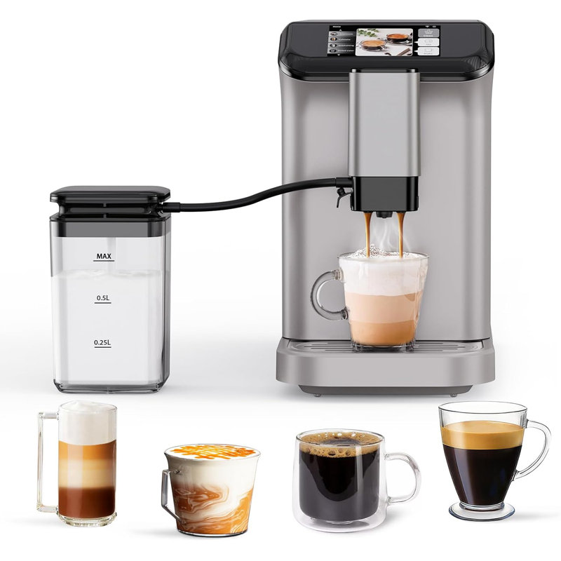 Fully Automatic Espresso Machine with Grinder, Milk Frother, TFT Touch Display, 20 Bar Pressur & 15 Grind Settings, Auto Cleaning for Latte