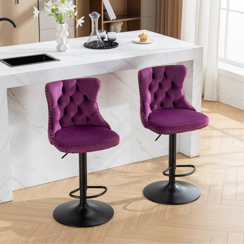 Tabourets de bar pivotants en velours à hauteur réglable de 25 à 33 pouces, base de 17,7 pouces, tabourets de bar rembourrés modernes avec dossier capitonné confortable pour un pub à la maison et un îlot de cuisine