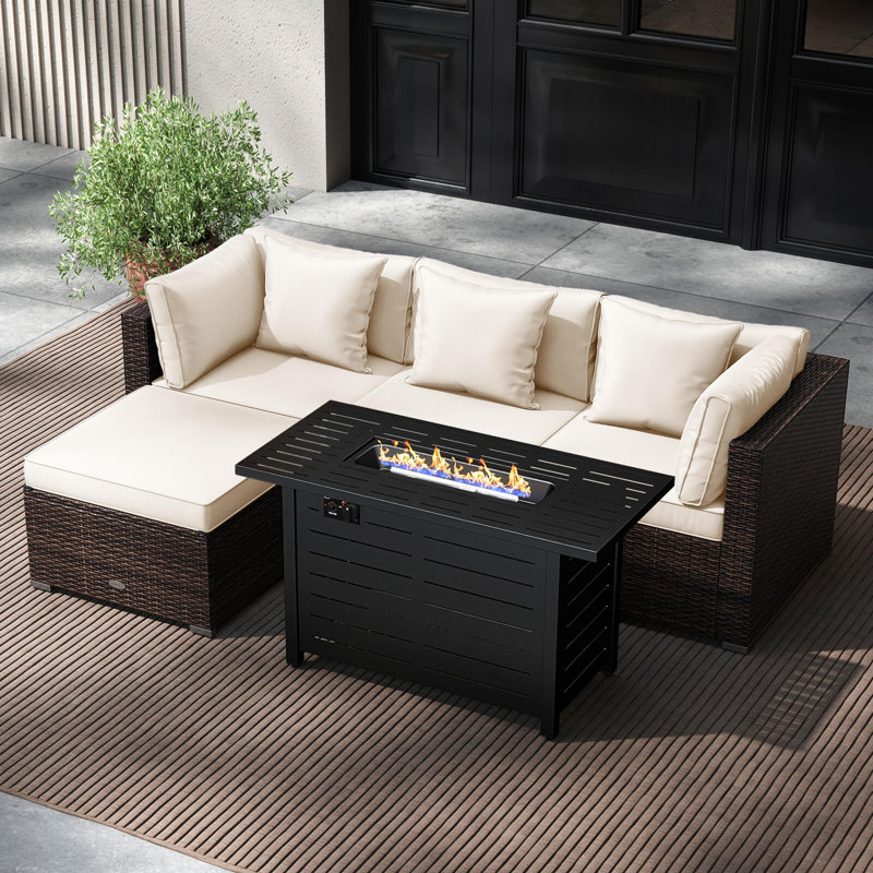 5 PCS Patio Furniture Set Heavy-duty Frame Rattan Sofa Set with 60,000 BTU Firepit Table White, White