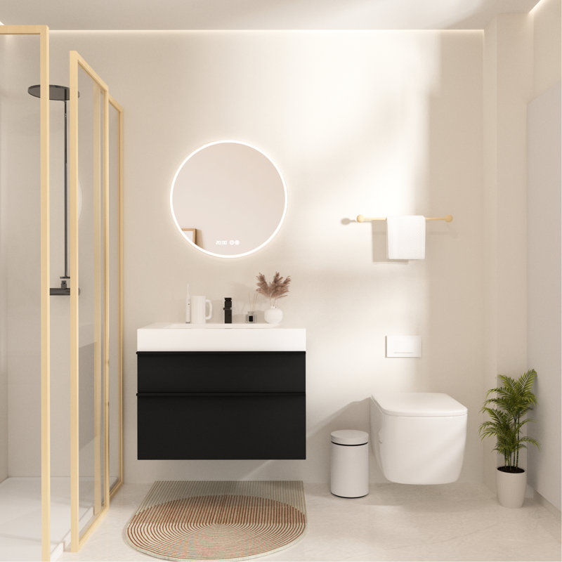 Meuble-lavabo mural moderne noir de 24 po avec lavabo en acrylique intégré, tiroirs à fermeture en douceur, finition mate tactile et rangement intelligent intégré, double lavabo personnalisable