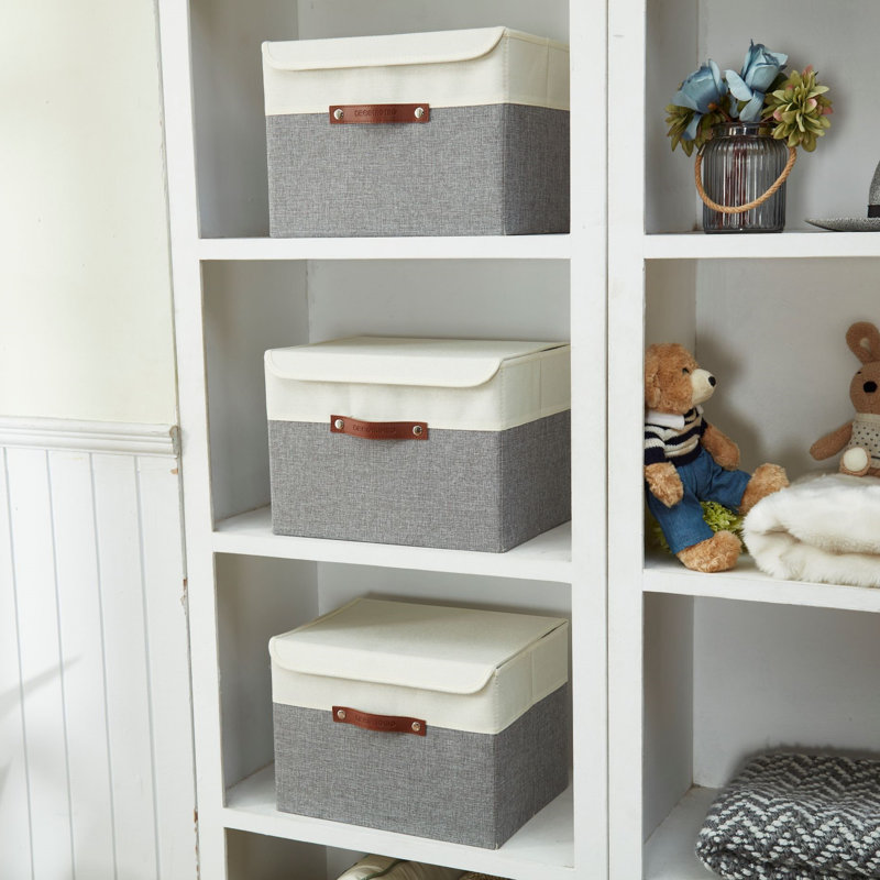 Foldable Lidded Storage Bin Collapsible Sturdy Cationic Fabric Storage Basket Cube Handles, Beige/White