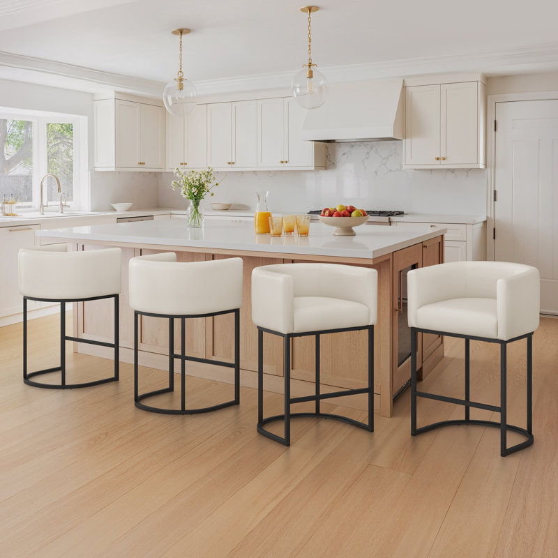 Modern Upholstered Counter Stool with Metal Frame, Antique White Faux Leather/Black