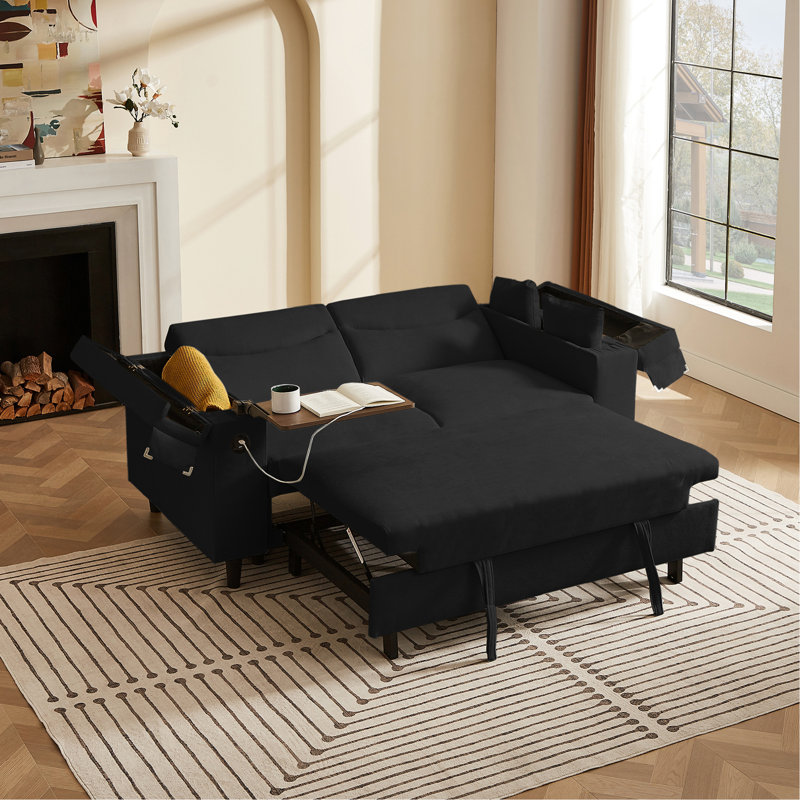 Canapé en chenille noir avec table d'appoint et port USB, Noir