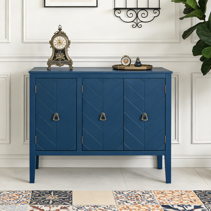 Adjustable Shelf Storage Sideboard with 3 Retro Metal Handles and 4 Pinewood Legs, Navy Blue