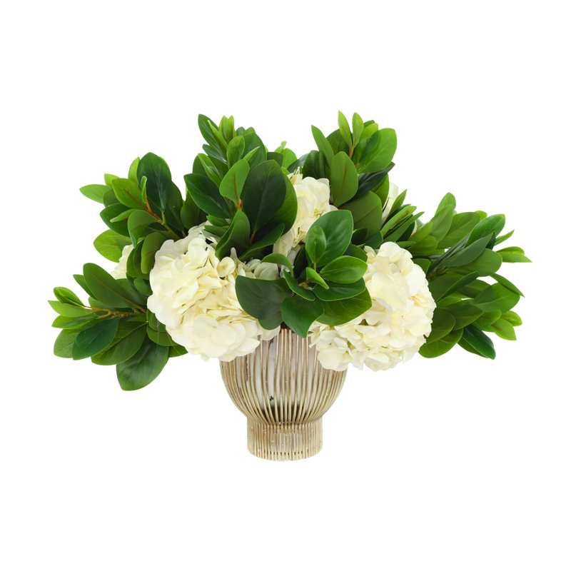 Hydrangea and Peperomia Arranged in a Metal Pot