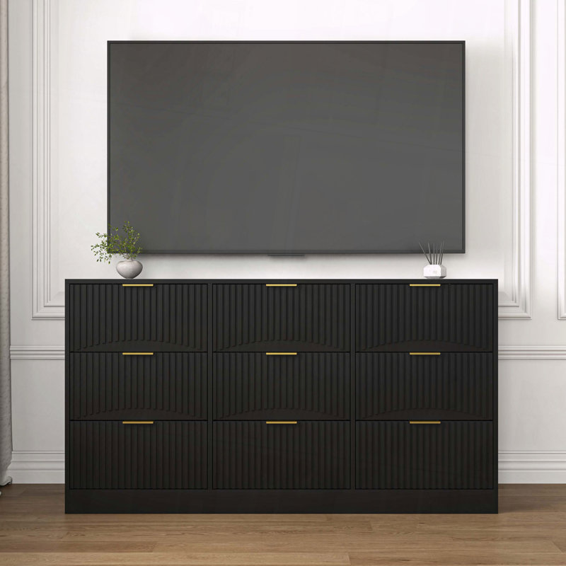 Rangement en bois profond à 9 tiroirs commode, Noir