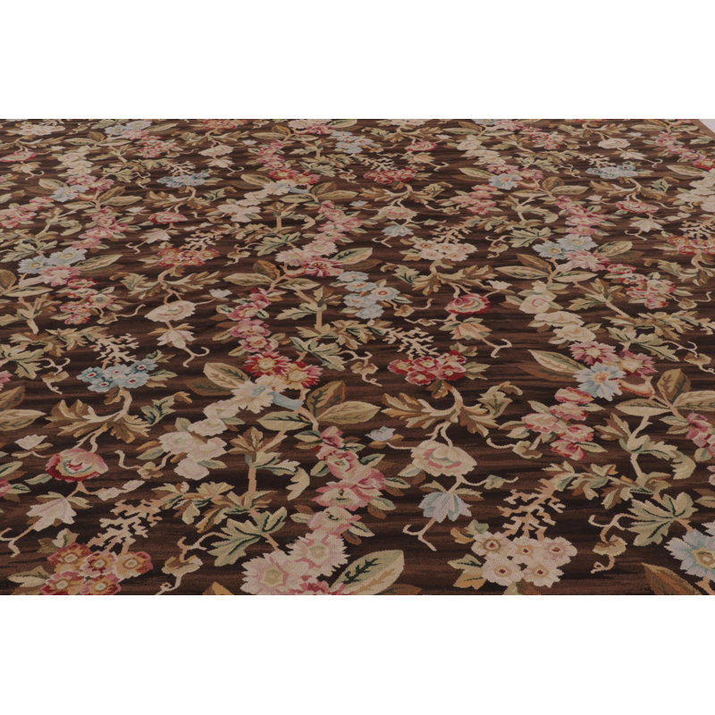 Oversized Antique French Aubusson Rug, Monumental Florals In Chocolate Brown