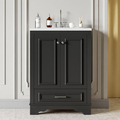 Meuble-lavabo moderne 24 po avec lavabo en céramique et armoire de rangement noir, autoportant