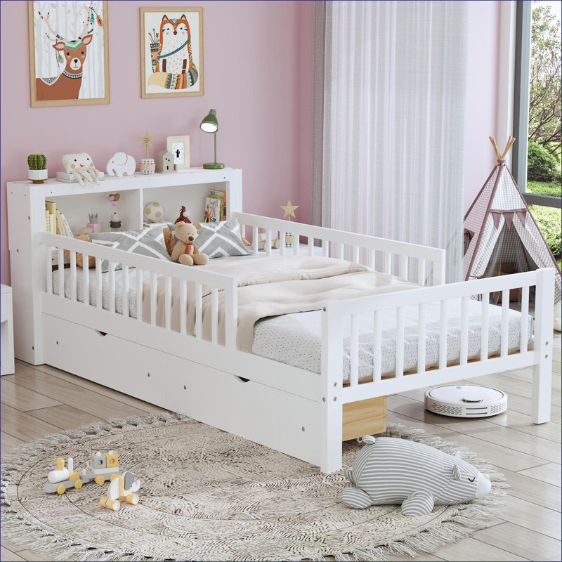 Lit plateforme simple avec rangement en panneau de fibres à densité moyenne en contreplaqué de pin, capacité de 350 lb, blanc pour chambre d'amis