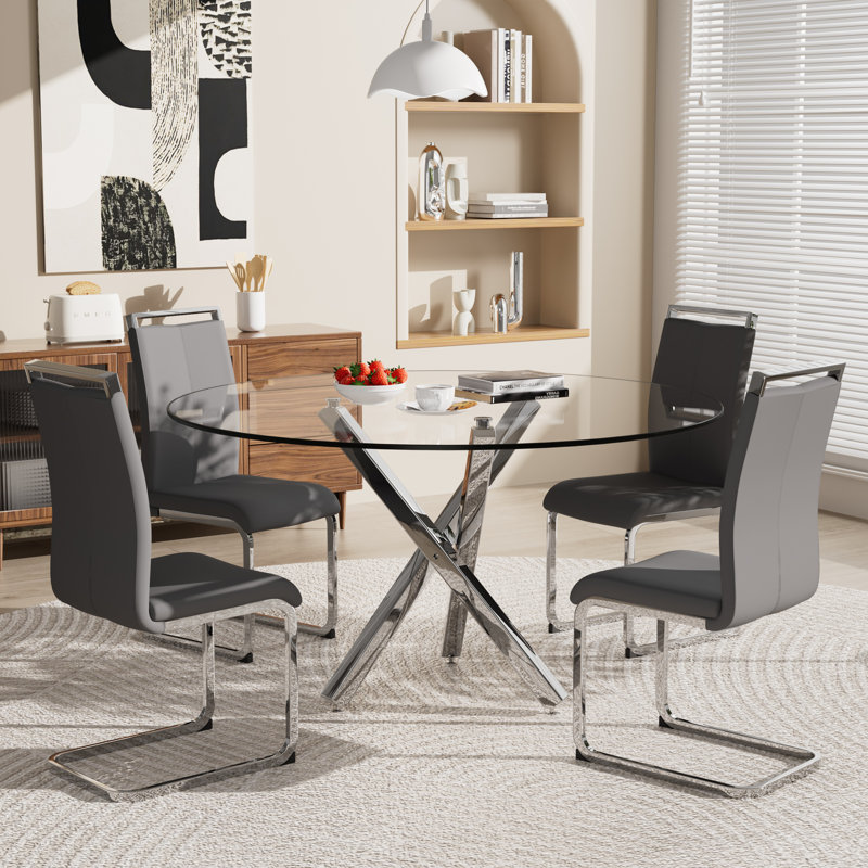 Ensemble de table de salle à manger, table ronde en verre trempé et 4 chaises rembourrées., 5, Gris foncé