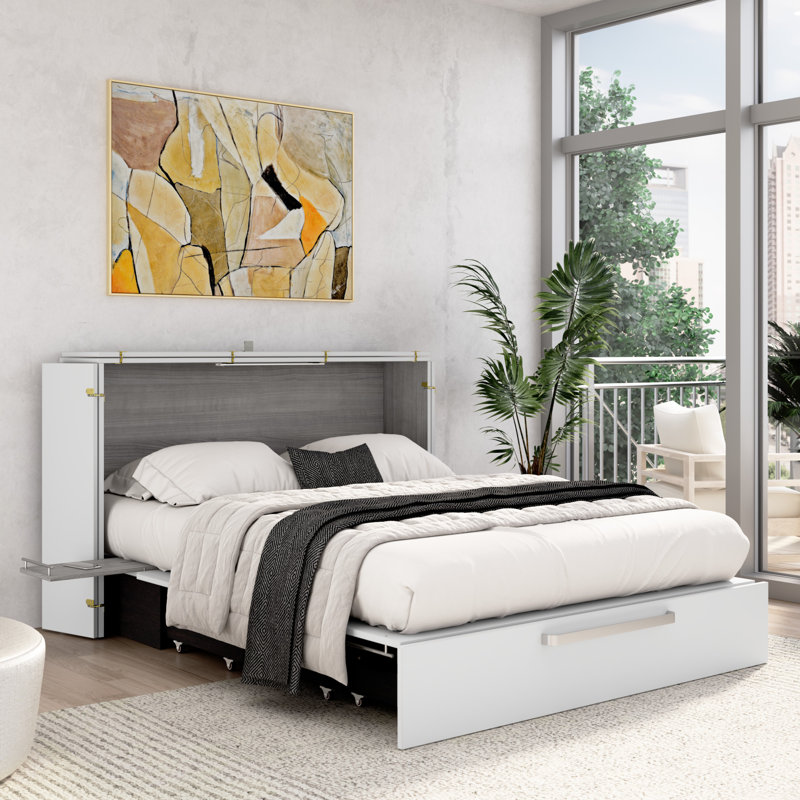 Grand lit escamotable 63W avec tiroir coulissant, Grand, Blanc