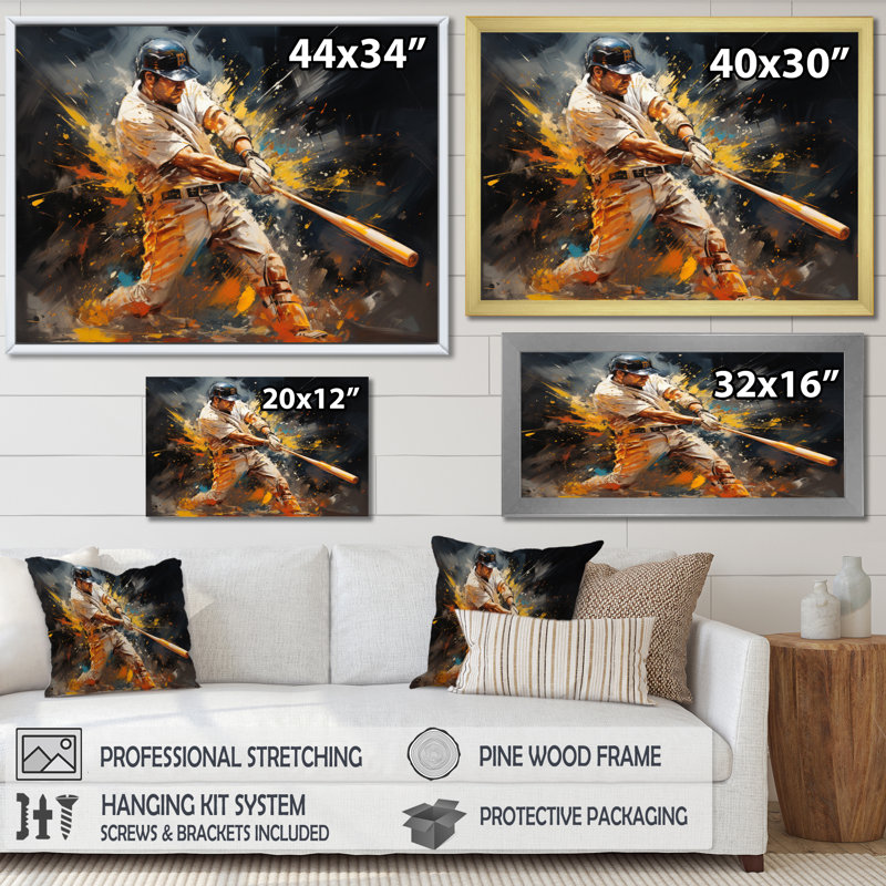 Baseball abstrait Home Run - Art de baseball sur toile, Cadre photo noir, H 34 po x l 44 po x P 1,5 po