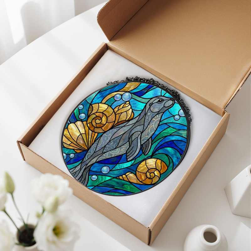 Vitrail de vitrail H 7,8 "Sea Life, H 7,8 po x l 7,8 po