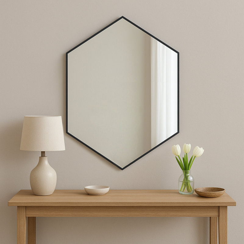 Modern Metal Framed Hexagon Wall Mirror, Matte Black, 34" x 24"