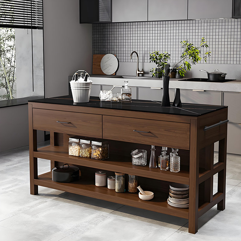 Îlot en pierre frittée noire 31,50 po avec surface en bois massif, H 33,46 po x l 31,5 po x P 23,62 po
