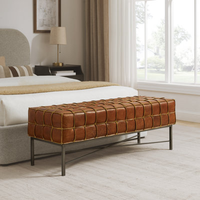 Laryn 50" W Tufted Genuine Leather Bench with Iron Frame