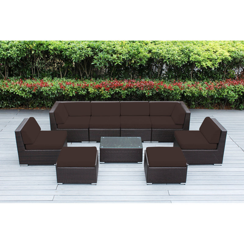Ensemble de conversation en osier pour 8 personnes avec coussins - aucun assemblage, Brun foncé, Sunbrella - beige antique