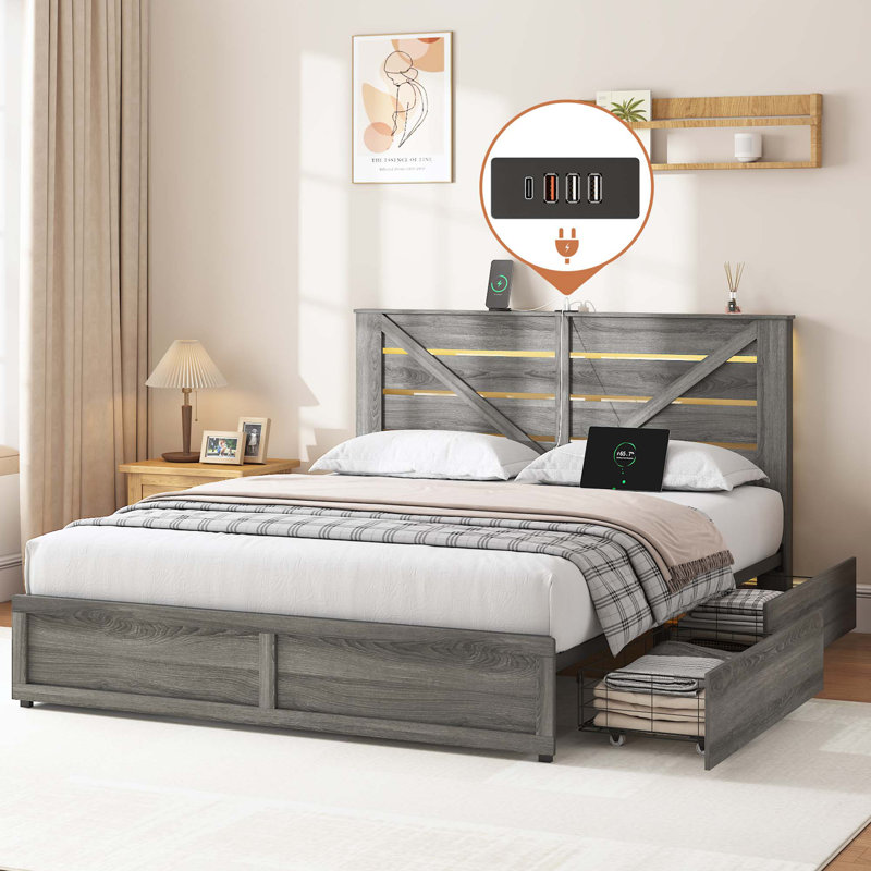 Rustic Storage Bed Frame with LED Lighting and Noise-Free Metal Support, Lit double