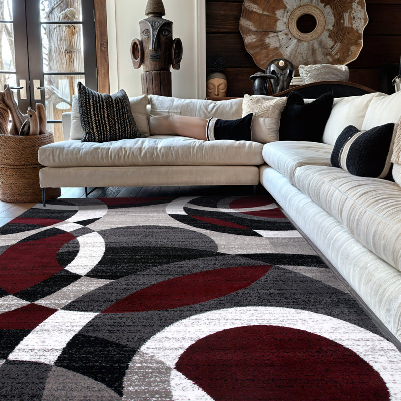 Tapis bourgogne / blanc / noir à motif abstrait tissé Archeveque - Tapis en polypropylène géométrique moderne pour le salon, la chambre à coucher ou le couloir